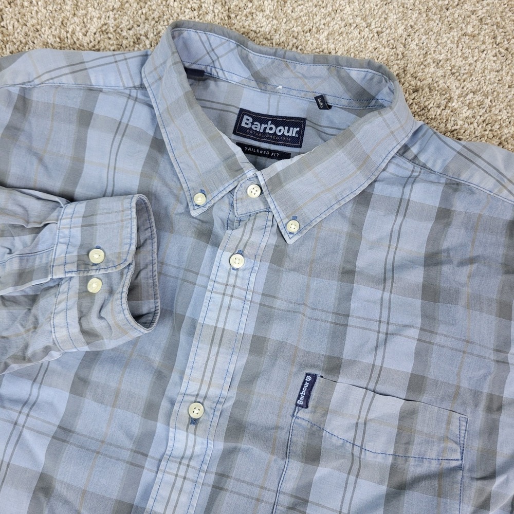 Barbour Tailored Fit Mens 2XL Blue Plaid Button Down Long Sleeve